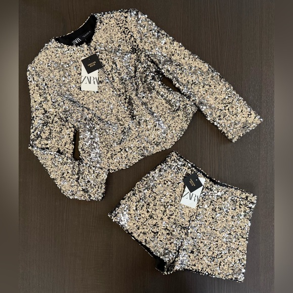 Zara Jackets & Blazers - Zara Festive Sequin Jacket and Shorts in Silver and Black